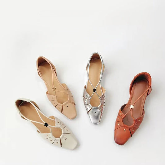Women's French Square Toe Invisible Elevated Closed Rivet Flat Sandals
