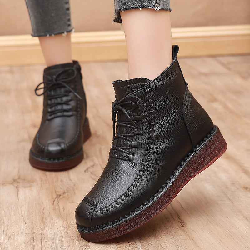 Women's Real With Fleece Lining Mother's Soft Bottom Tendon Flat Cotton Women's Leather Boots