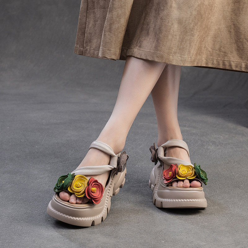 Women's Artistic Retro Style Flower Muffin Peep Platform Sandals