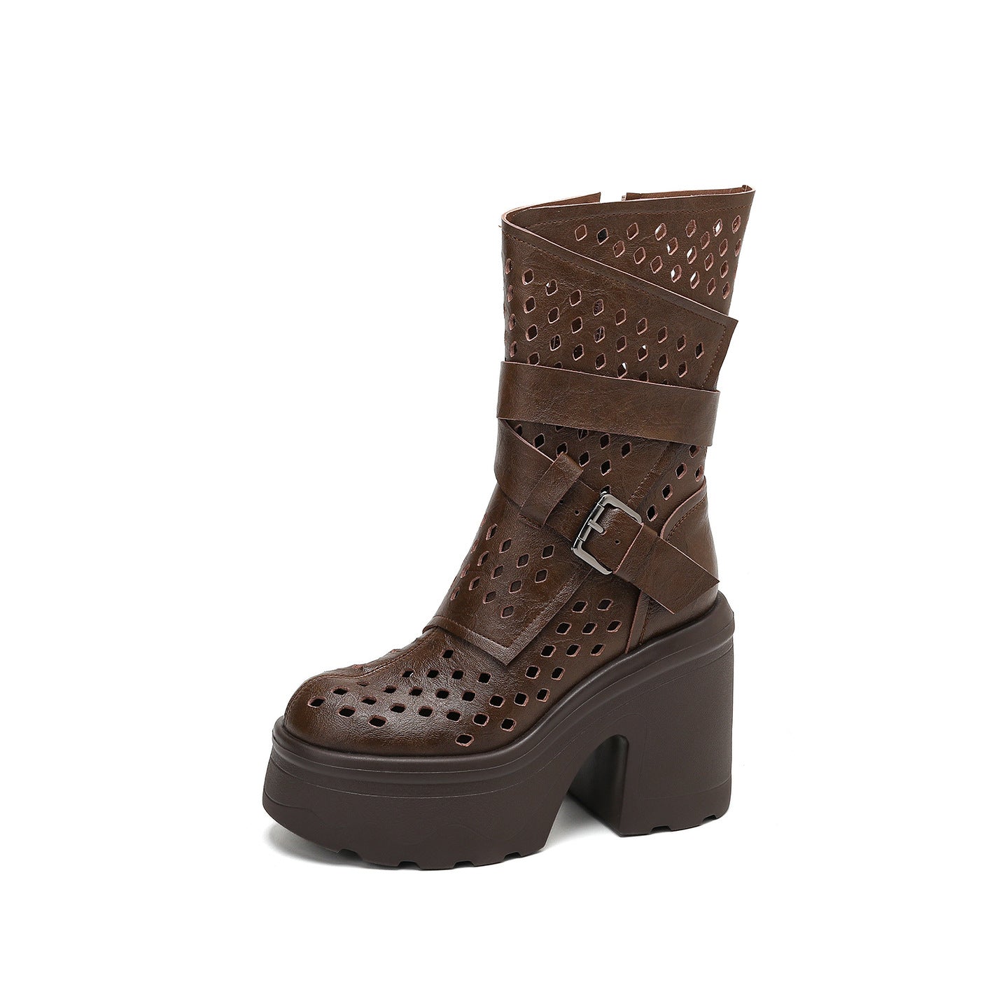 Women's High-rise Summer Martin Thick-soled Breathable Thin Retro Brown Women's Leather Boots