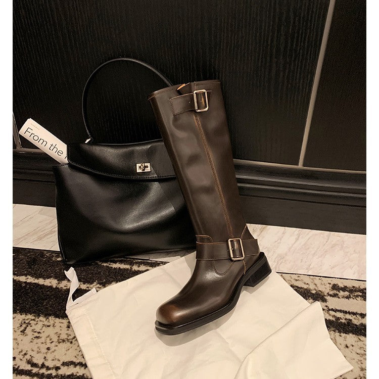 Mom Square Toe Chunky Platform Buckle Boots