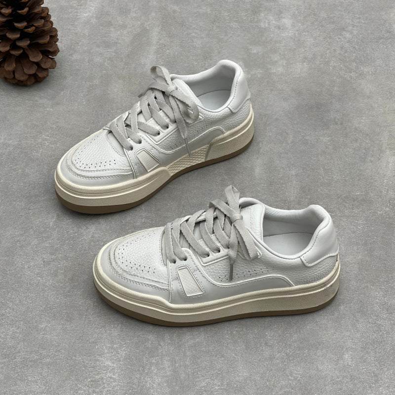 Women's Cowhide Platform White Round Toe Lace Up Muffin Women's Fashion Shoes