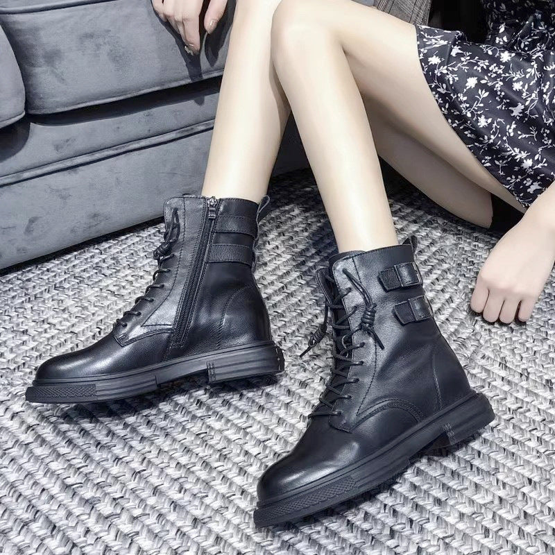 Women's Genuine Flat Martens Autumn Soft Bottom Black Short Double Women's Leather Boots
