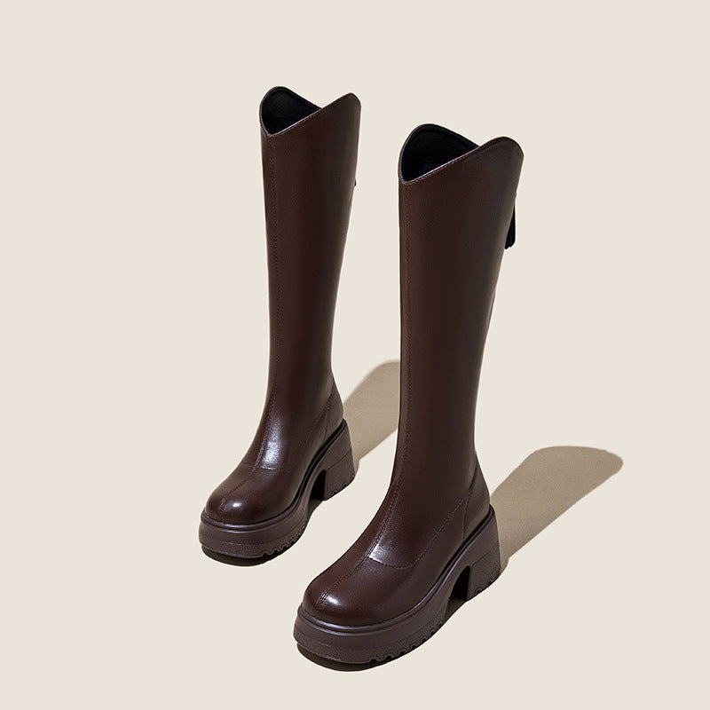 Women's Small Height Increased Thick Bottom Chunky Tall Women's Leather Boots