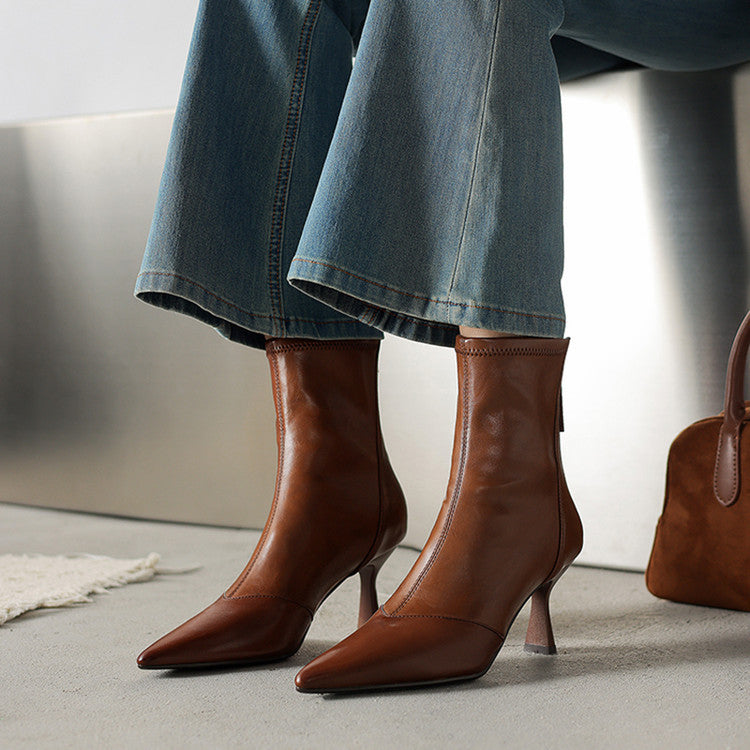 Women's Pointed Ankle Stiletto Zip Cowhide Fashion Brown Heels
