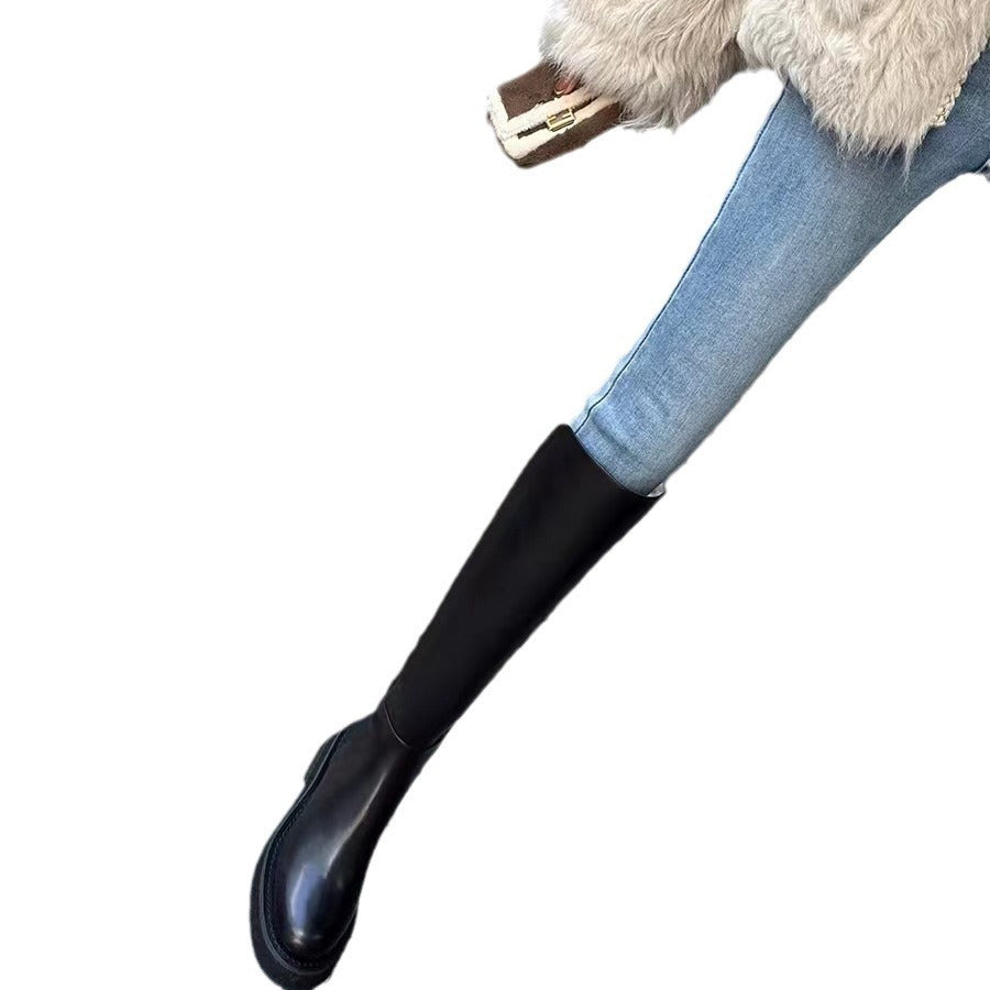 Women's Cowhide Winter Thick Bottom Small Elastic Knight Women's Leather Boots