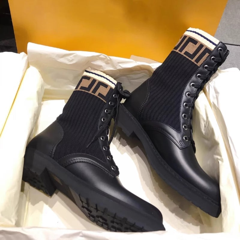 Women's Round Head Chunky Letters Lace Up Elastic Women's Leather Boots