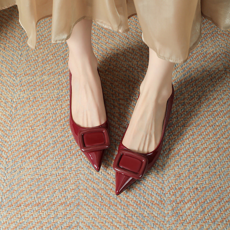Women's Patent High Square Buckle Low-cut Elegant Pointed Heels