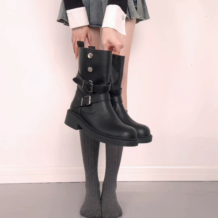 Sheepskin Version Retro British Style Square Toe Belt Buckle Chunky Boots