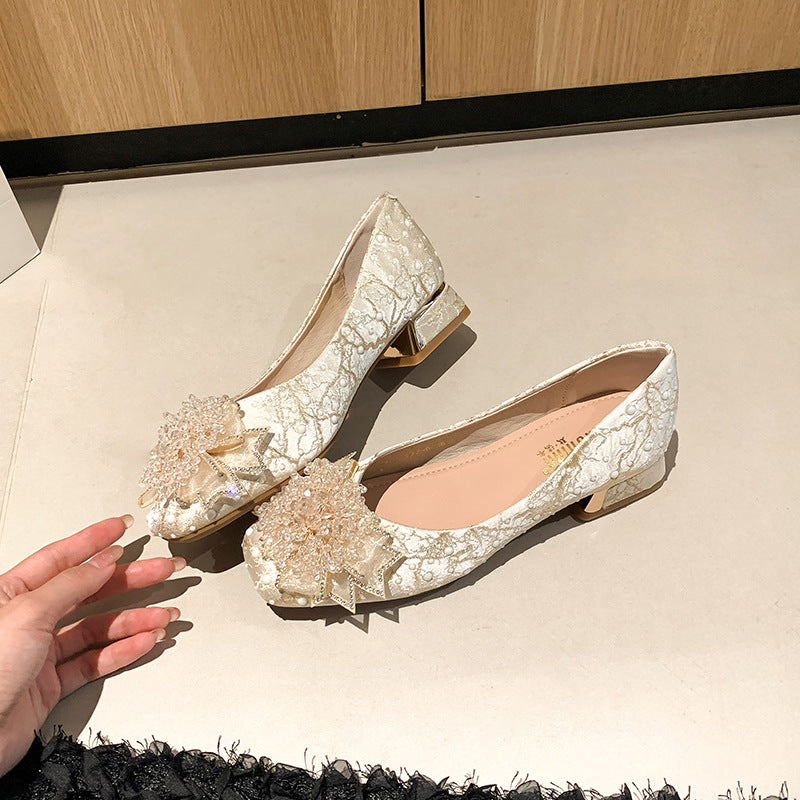 Women's Style Pumps Square Toe Rhinestone French Mid Large Women's Fashion Shoes