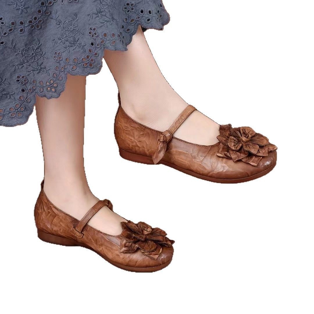 Women's Pumps First Layer Cowhide Strap Flat Women's Casual Shoes