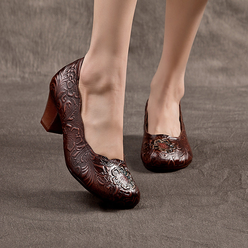 Women's Handmade Retro Genuine First Layer Cowhide Round Head Comfortable Chunky Women's Casual Shoes