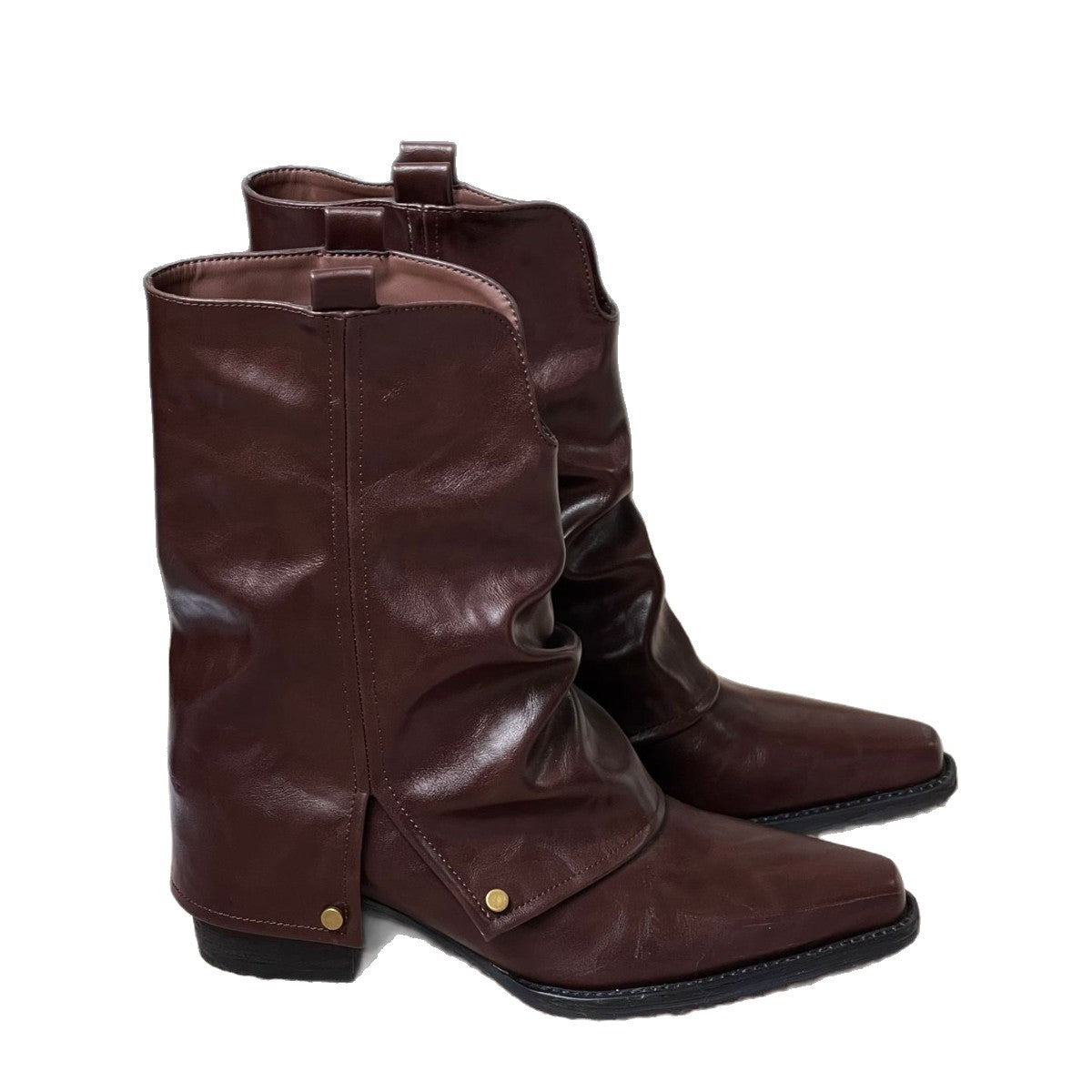 Women's Short Thick Pointed Toe Design Black Women's Leather Boots