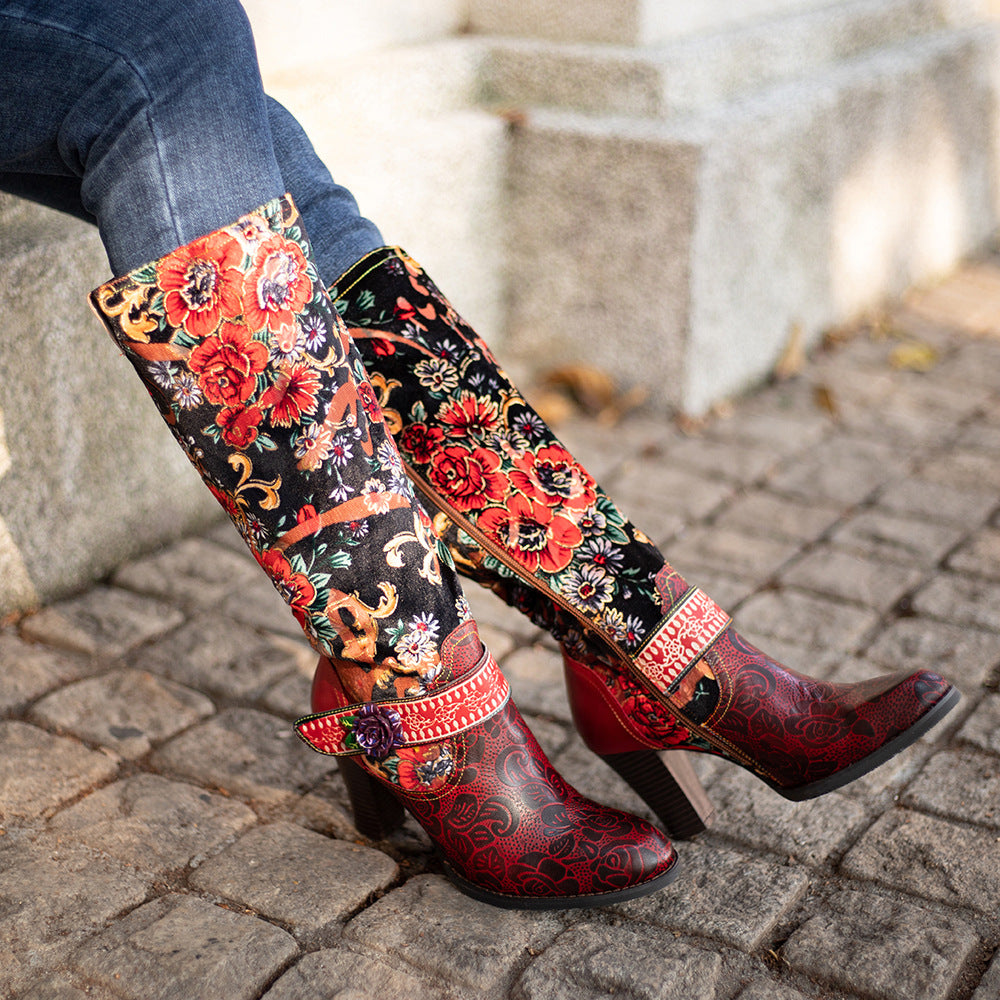 Women's Old Retro Style Three-dimensional Flower Warm Knee-high Women's Leather Boots