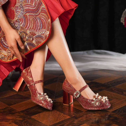 Jacquard Wedding Pearl Rhinestone Chunky Square Toe All-inclusive Heels