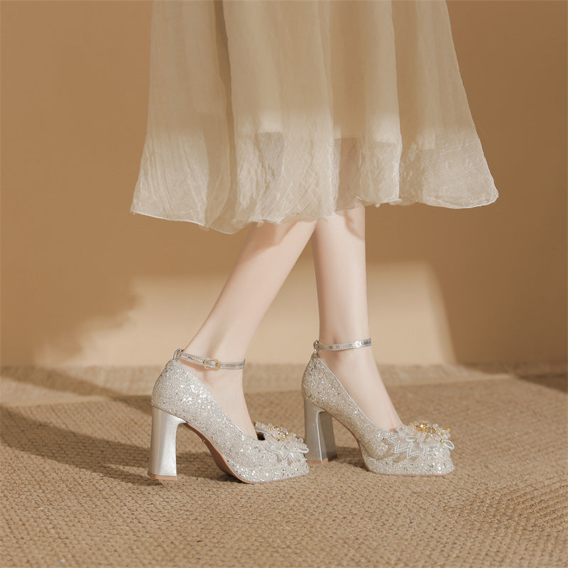 Women's Platform Buckle Spring High Mary Jane High-grade Satin Women's Fashion Shoes
