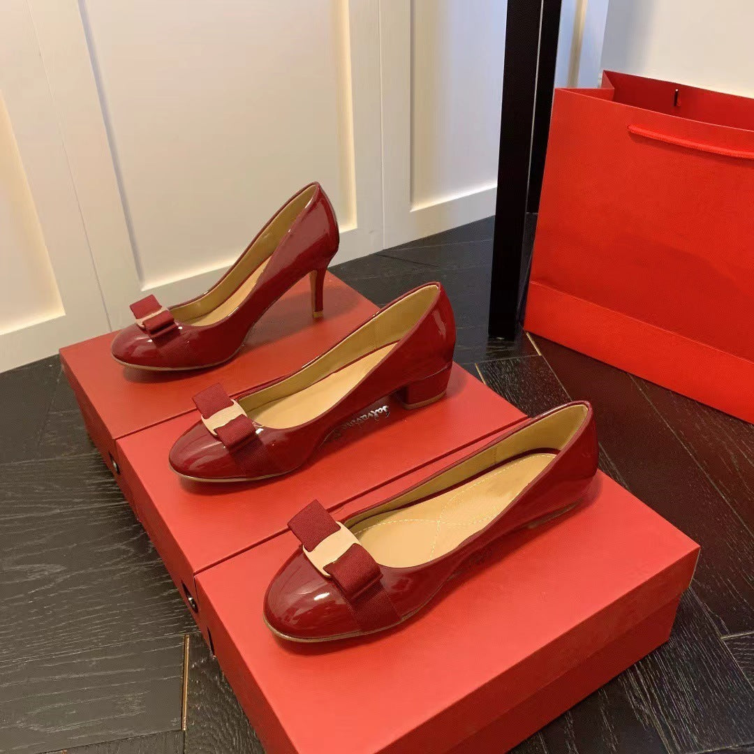 Spring Bowknot Round Toe Wedding Commuter Style Single Patent Women's Casual Shoes