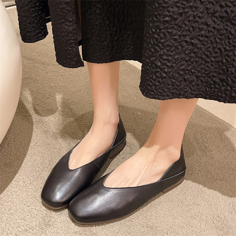Women's Cowhide Small Single-layer Flat Low-cut Authentic Soft Surface Heels