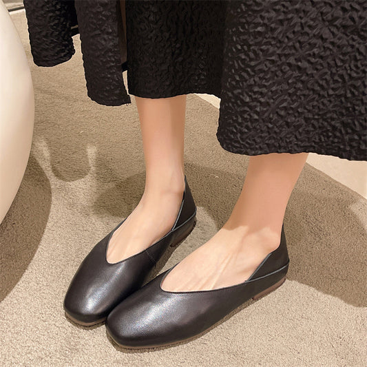 Women's Cowhide Small Single-layer Flat Low-cut Authentic Soft Surface Heels