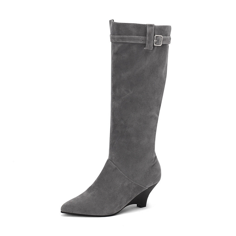 Women's Belt Buckle Side Zipper High Leg Women's Leather Boots