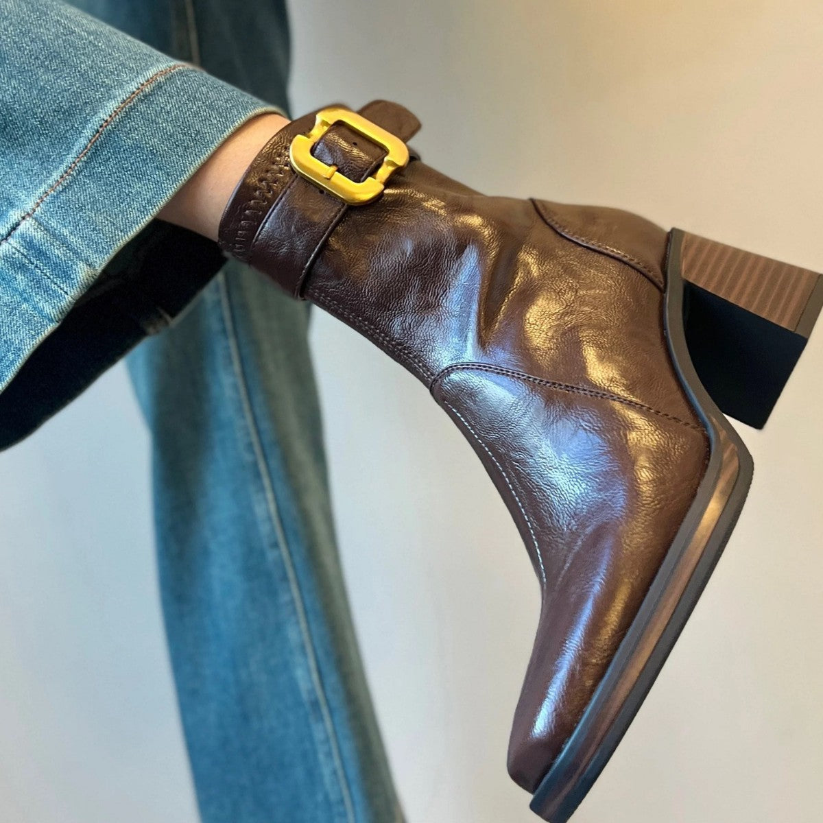 Women's Square Toe High Short Retro Chunky Women's Leather Boots