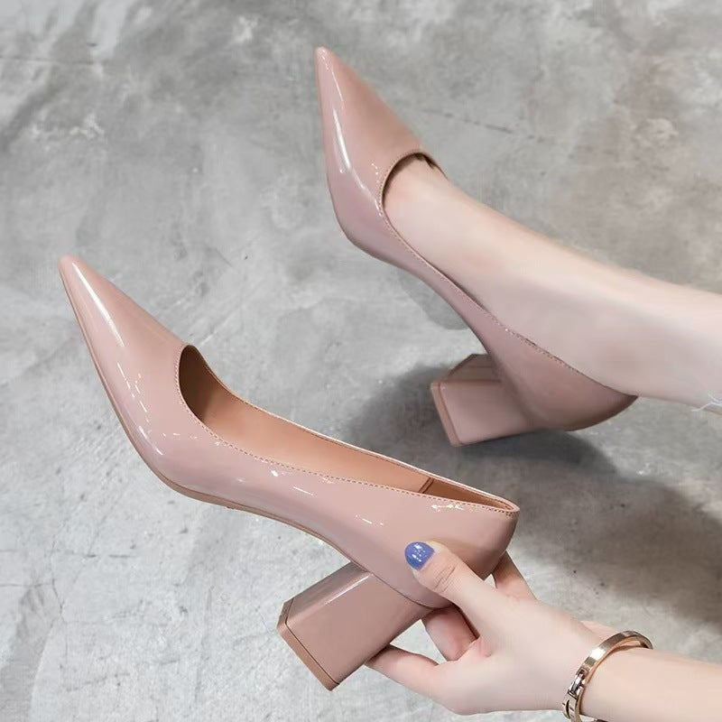 Women's Thick Nude Color Elegant Spring Patent Design Pointed Women's Fashion Shoes