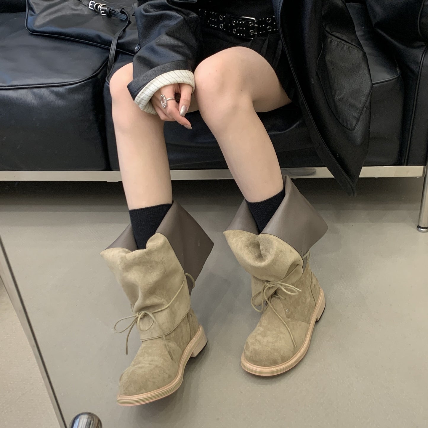 Mouth Foldable Vintage Strap Martin Stitching Large Boots
