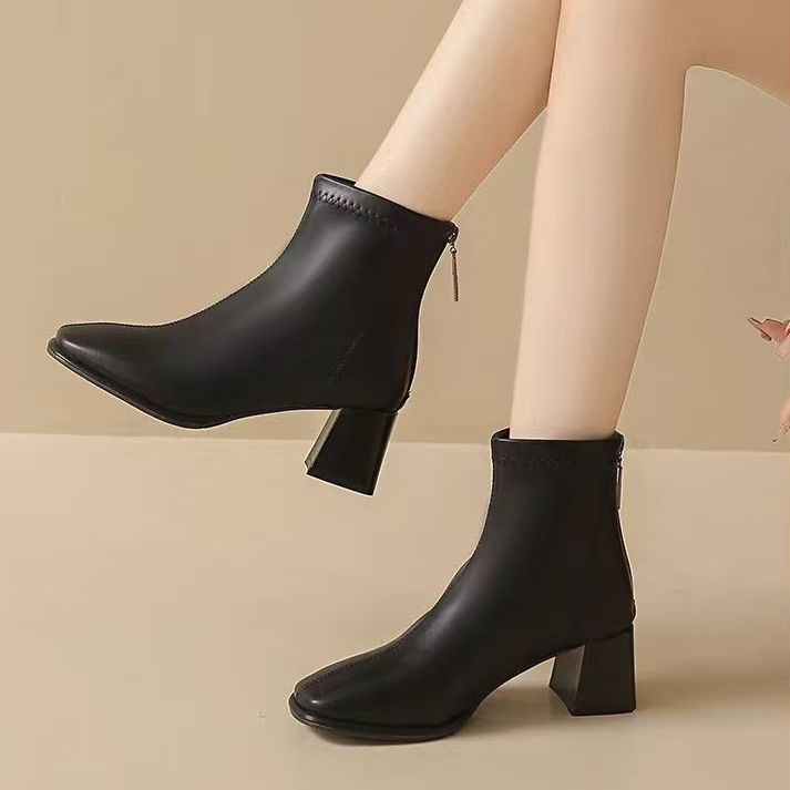 Women's Skinny Slimming Martin Square Toe Ankle Fleece-lined Small Fashionable White Women's Leather Boots