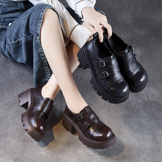 Women's Thick Bottom British Style Light Luxury Genuine Pumps High-grade Leather Shoes