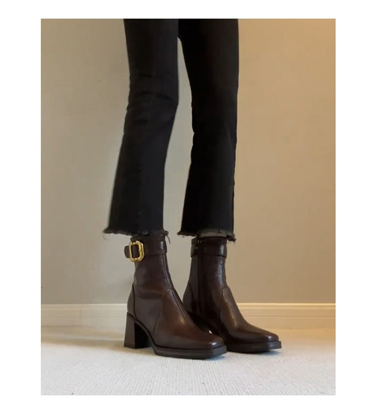 Slim High Below The Knee Long Female Chunky Women's Leather Boots