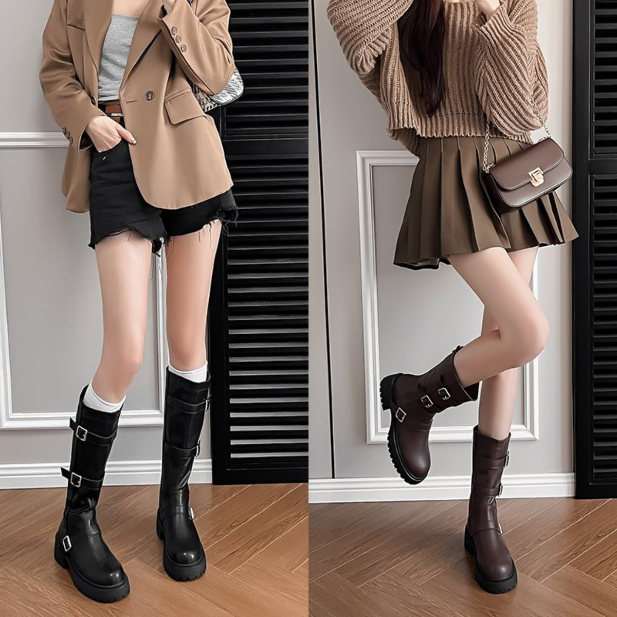 Children's Square Buckle Chunky British Style Middle Vintage Women's Leather Boots