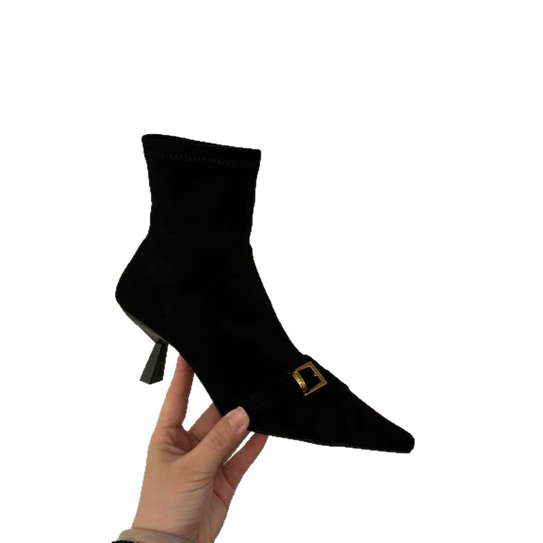 Style Vintage Suede High Female Temperament Pointed Stiletto Metal Buckle Women's Leather Boots