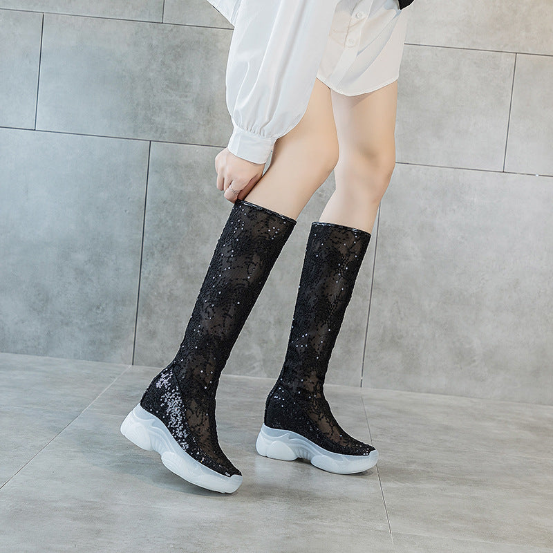 Women's Increasing Insole Embroidered Back Zipper Small Slim Boots