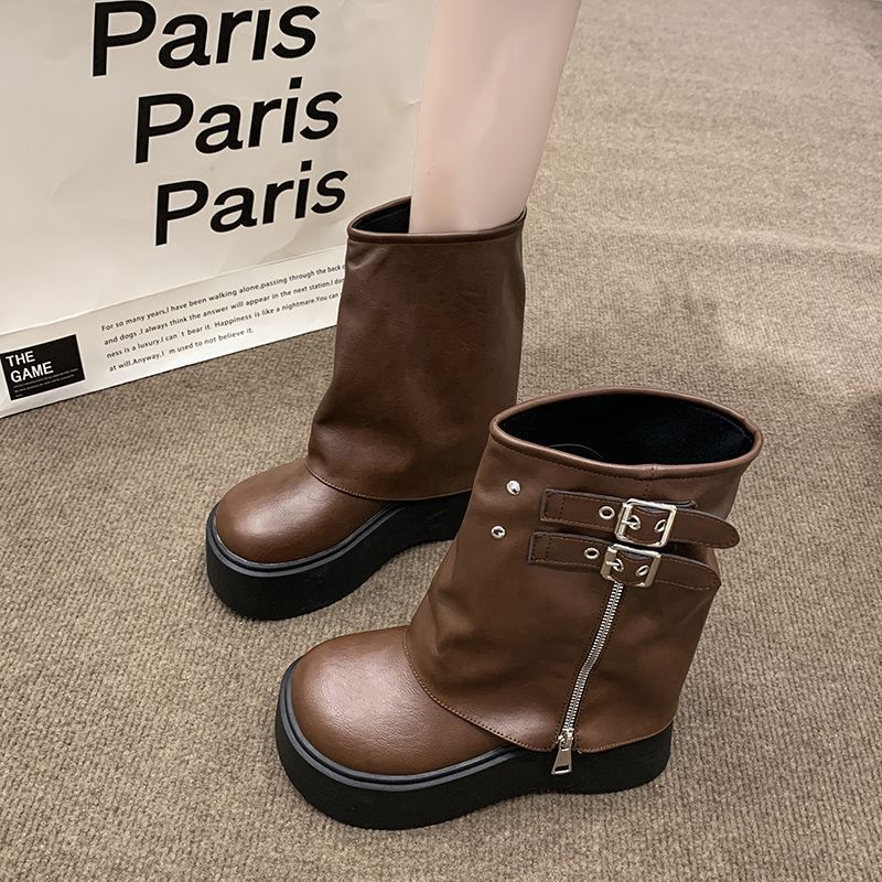 Thick Bottom Increased Retro Long Female Slip-on Boots