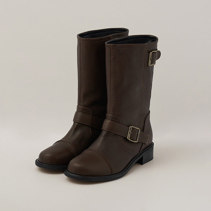 Women's Chunky Retro Wide Tube Middle Riding Belt Women's Leather Boots
