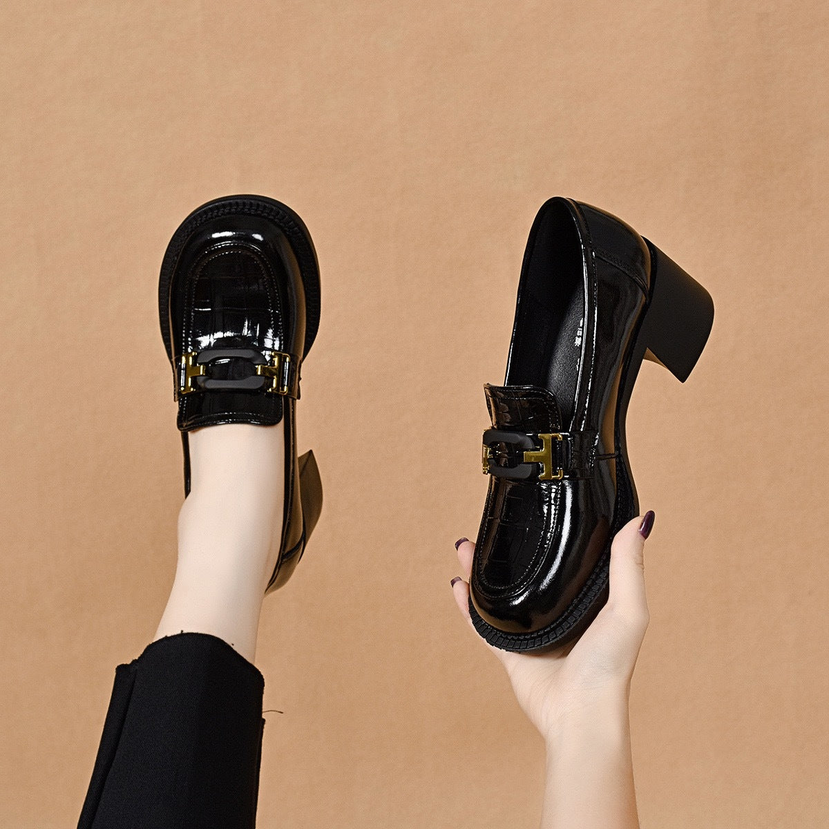 British Style Small Versatile Thick-soled High Metal Buckle Chunky Loafers