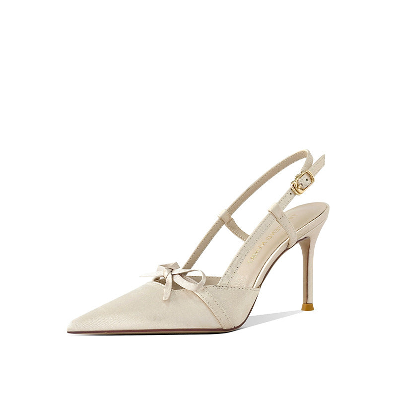 Style Satin Bow Design Sense Niche Wedding Hollow Closed Toe High Heeled Sandals