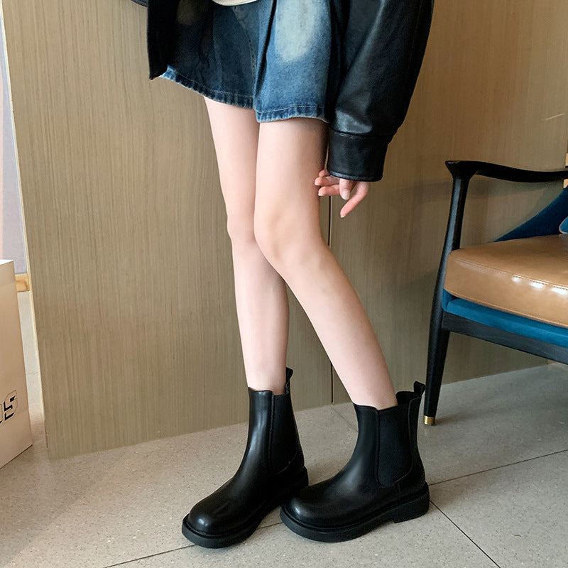 Women's Chelsea Flat Smoke Pipe British Style Martin Thick Leg Women's Leather Boots