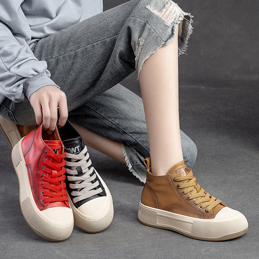 Women's Cowhide Toe Box Retro Rub Colored Spring Women's Shoes