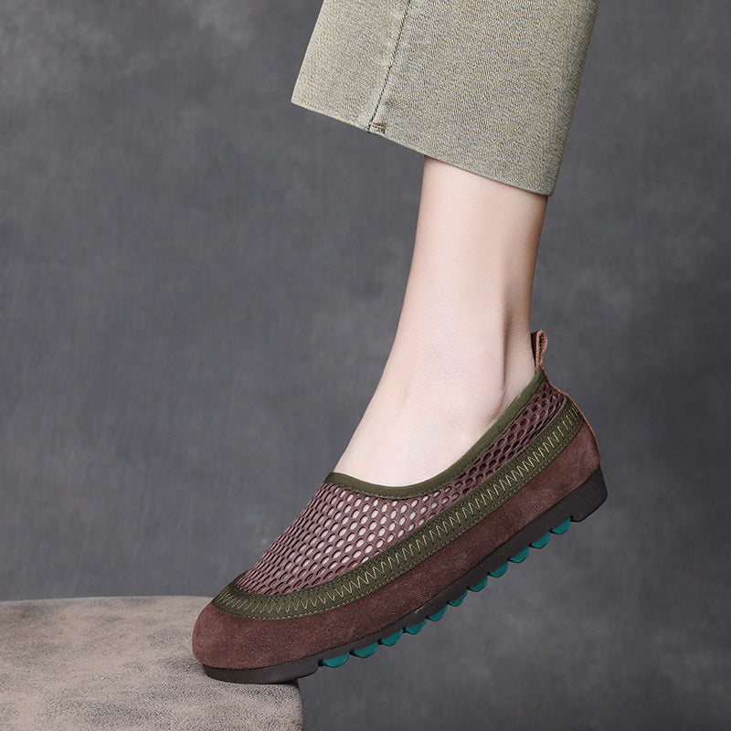 Women's Layer Cowhide Retro Breathable Mesh Slip-on Comfortable Women's Casual Shoes