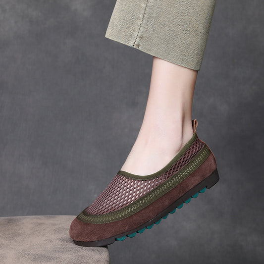 Women's Layer Cowhide Retro Breathable Mesh Slip-on Comfortable Women's Casual Shoes