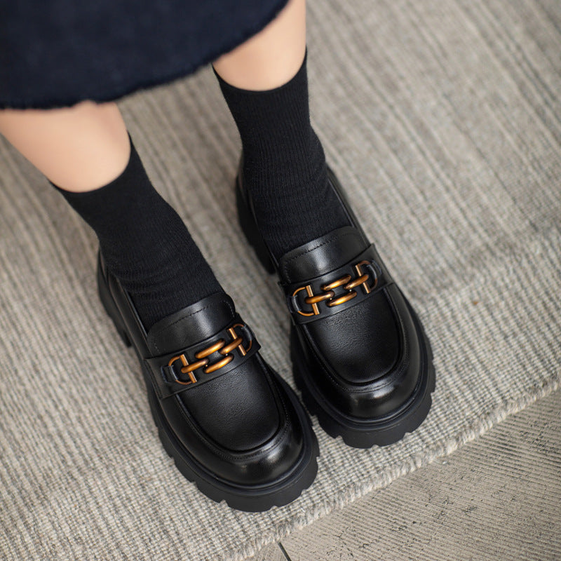 Special British Style Metal Buckle Thick-soled Leather Shoes