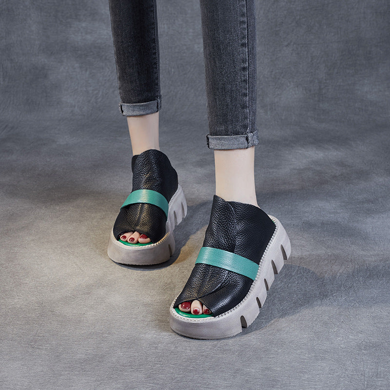 Women's Bottom Retro Genuine Single Strap Slides Summer Open Sandals