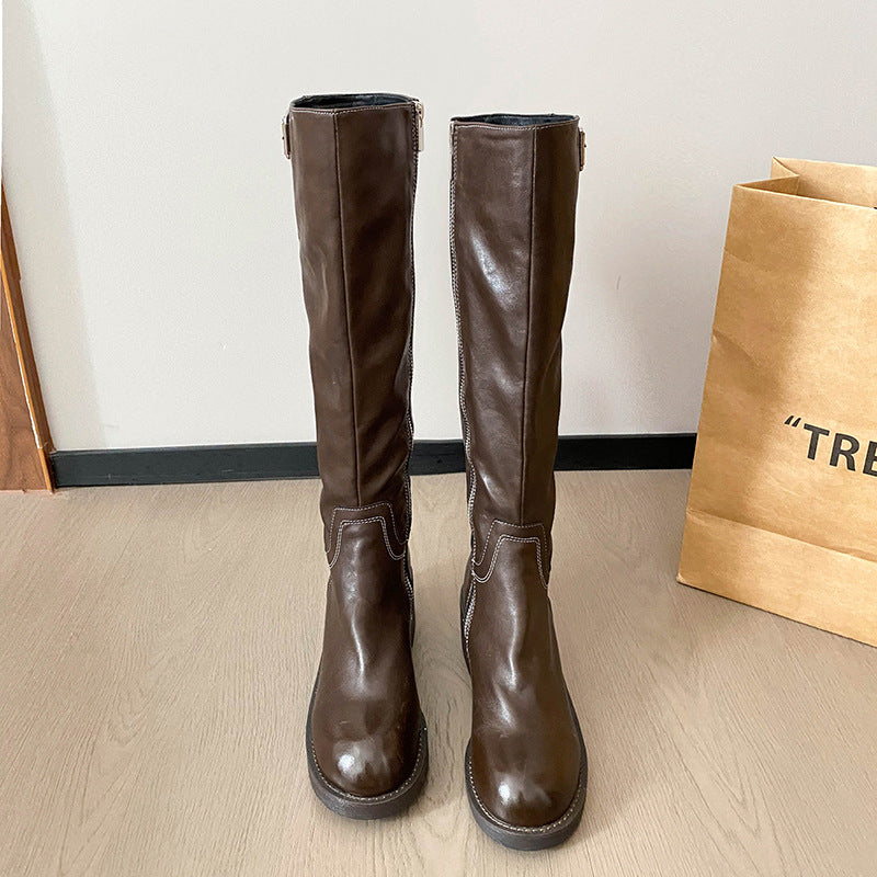 Retro Platform Knight High Pleated Soft Tube Widened Long Women's Leather Boots