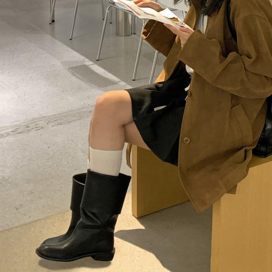 Women's Platform Martin Fold Middle Chunky Ankle Women's Leather Boots