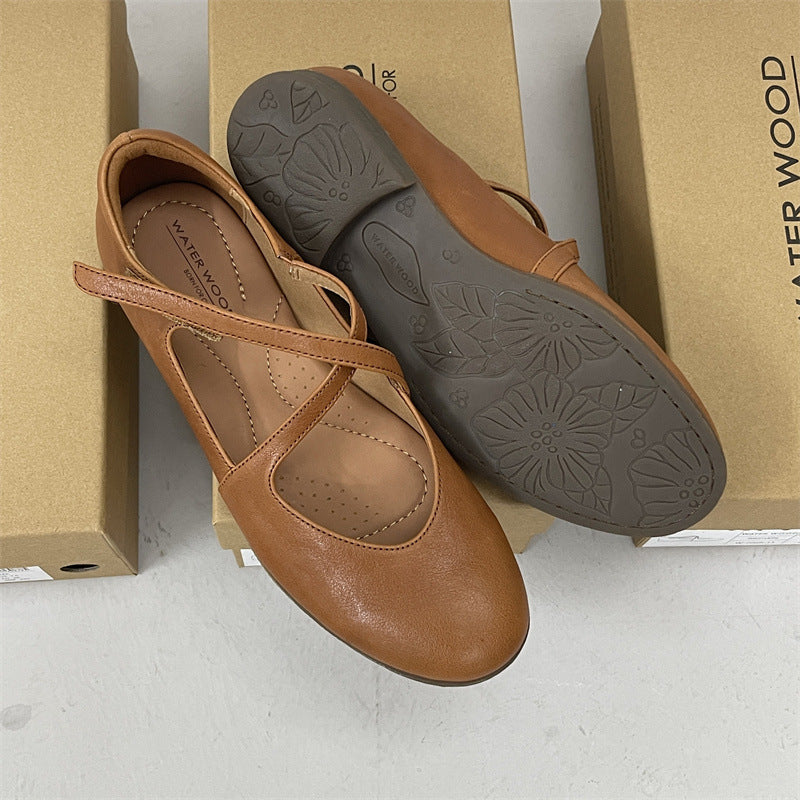 Women's Authentic Low Pumps First Layer Cowhide Round Toe Comfortable Casual Shoes