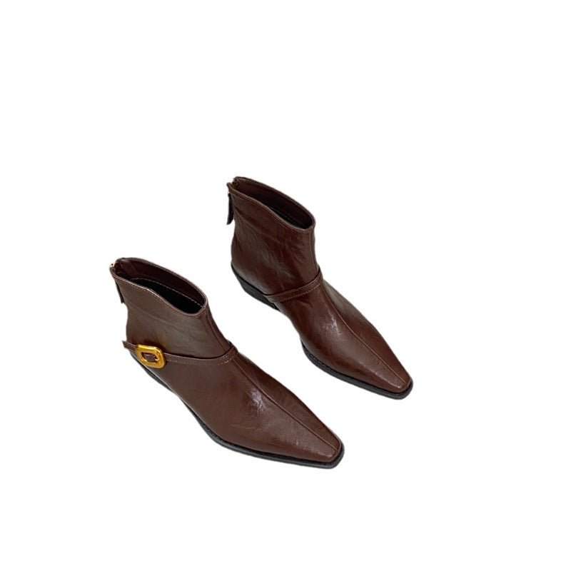 French Retro Brown Western Cowboy Female Chelsea Women's Leather Boots