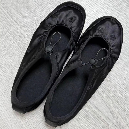 Women's Korean Style Design Soft Bottom Round Head Embroidered Flower Satin Women's Casual Shoes