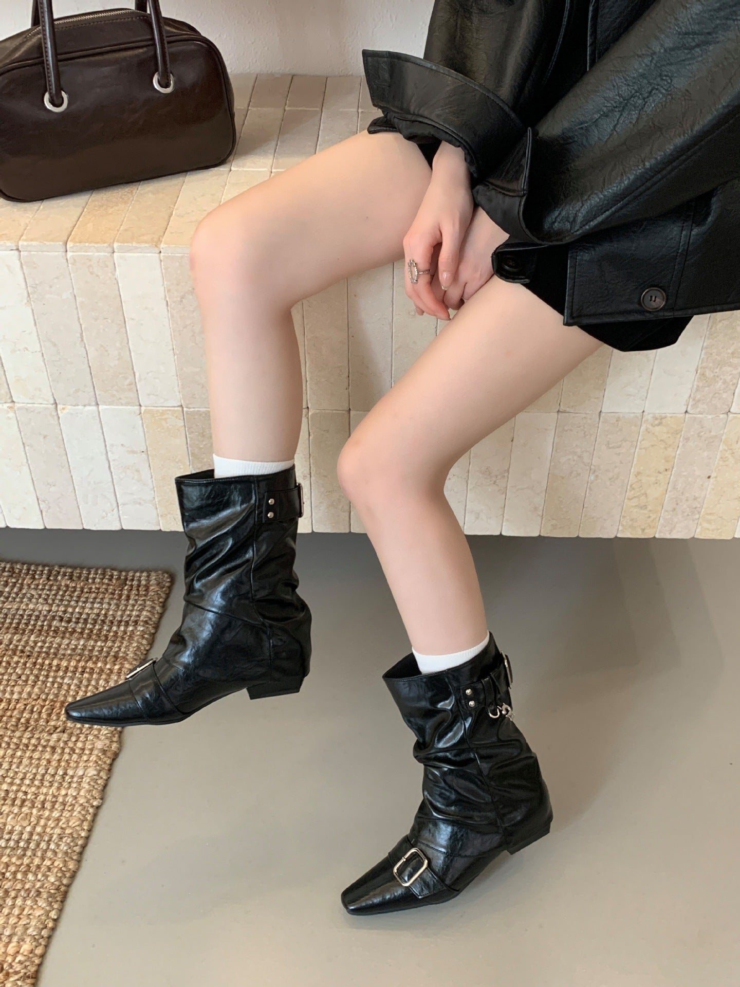 Women's Brown Belt Buckle Booties Western Pile Style Women's Leather Boots
