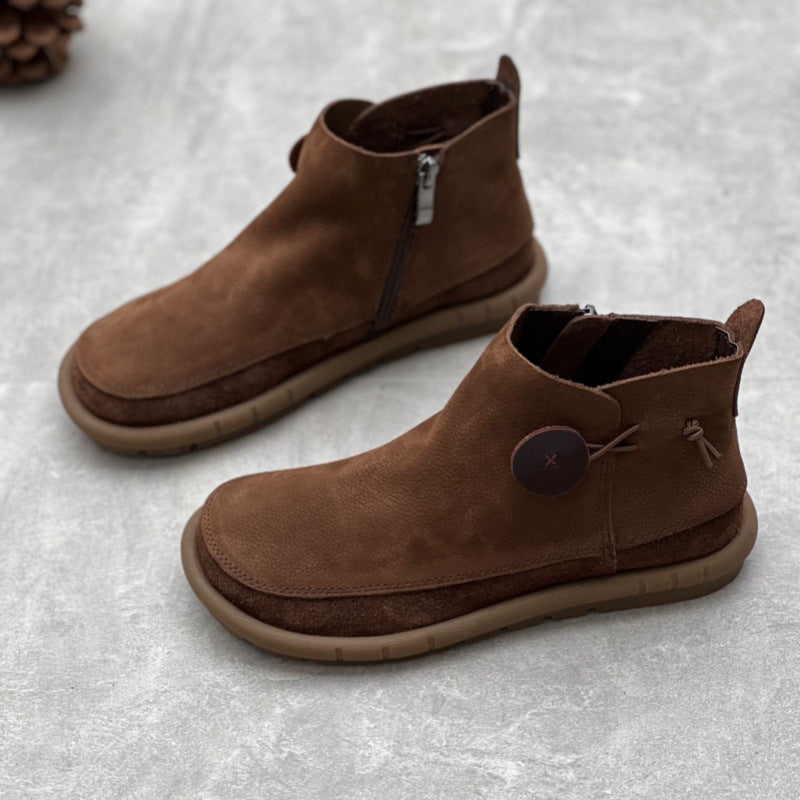 Women's Artistic Crafts Short Retro Mori Style Round Toe Flat Bottom Women's Leather Boots